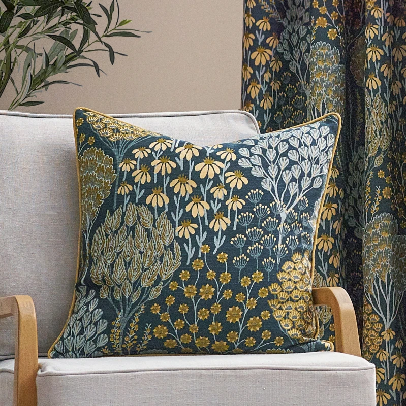 Image of Ophelia Floral Jacquard Cushion Blue/Saffron, Blue/Saffron / 50 x 50cm / Polyester Filled