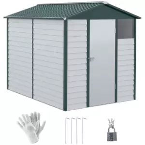 Image of Outsunny 9FT x 6FT Galvanized Metal Garden Shed, Outdoor Storage Shed with Sloped Roof, Lockable Door, Tool Storage Shed for Backyard, Patio, White