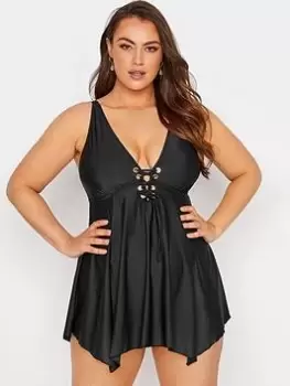 Image of Yours Eyelet Lace Up Swim Dress - Black, Size 16, Women