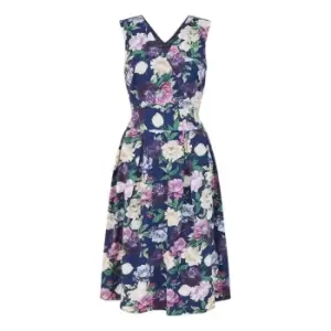 Image of Mela London Navy Floral Wrap Sleeveless Skater Dress - Blue