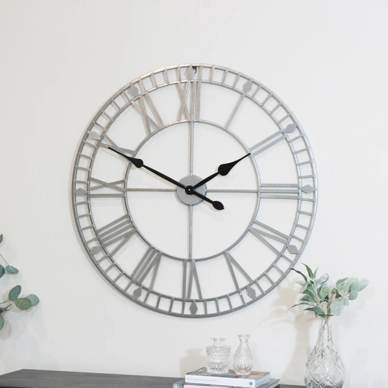 Image of Melody Maison Extra Large Silver Skeleton Wall Clock 80cm X 80cm Silver