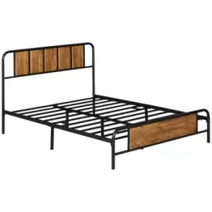 Image of HOMCOM 25.5cm Double Bed Frame, Industrial Bed Base with Headboard, Footboard, Steel Slat Support and Under Bed Storage, 145 x 199cm, Rustic Brown