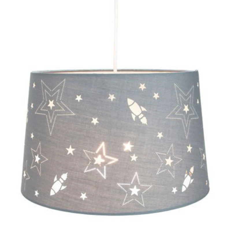 Image of Happy Homewares Fun Rockets And Stars Childrens/kids Grey Cotton Bedroom Pendant Or Lamp Shade