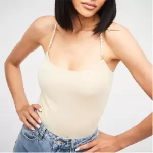 Image of Missguided Mock Pearl Strap Rib Knit Midaxi Dress - Nude