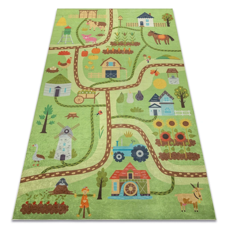 Image of RugsX Bambino 50200 Washing Carpet Village, Streets For Children Anti Slip - Green / Bro 120X170 Cm