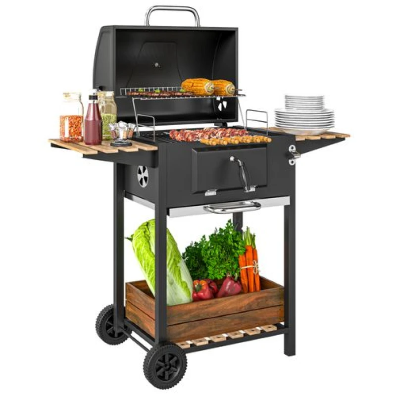 Image of Outsunny Charcoal BBQ Grill with Warming Rack 3 Shelves Temperature Gauge, Black 846-170V00BK