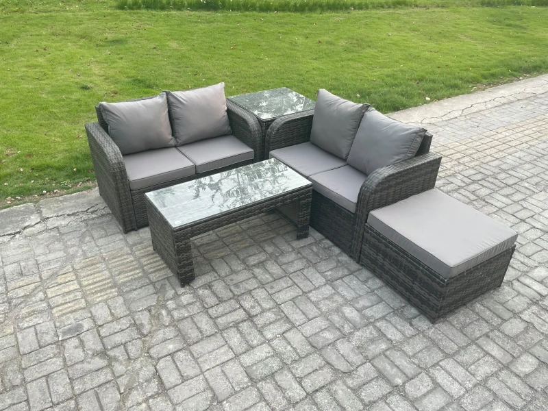 Image of Fimous High Back Rattan Garden Furniture Set with Loveseat Sofa Coffee Table Big Footstool Side Table Indoor Outdoor Dark Grey