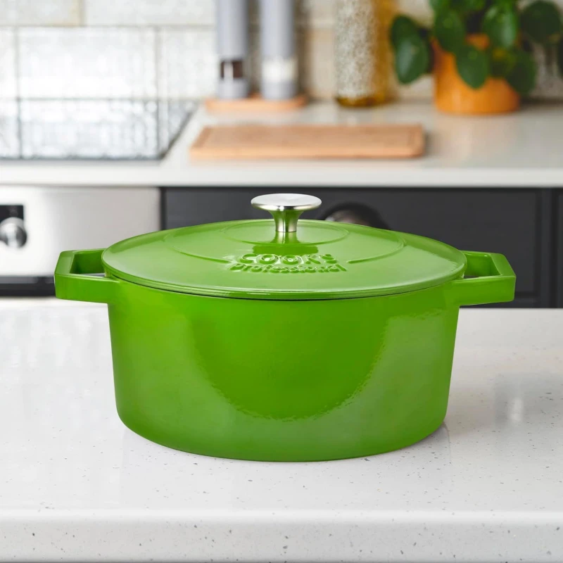 Image of Cooks Professional Cast Iron Casserole Dish 26cm Oven Proof Enamelled Pan with Lid in Green Green Unisex