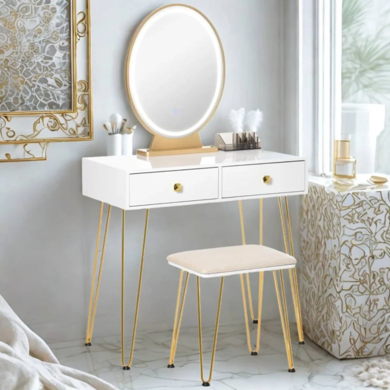 Image of Pirlo Plush 2 Drawer Dressing Table With Mirror, LED Lights & Stool in White White Unisex