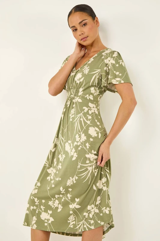 Image of Roman Womens Petite Floral Shirred Waist Dress in Khaki Size: 14 Khaki Female 14