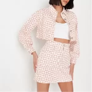 Image of Missguided Floral Checkerboard Denim Mini Skirt - Cream
