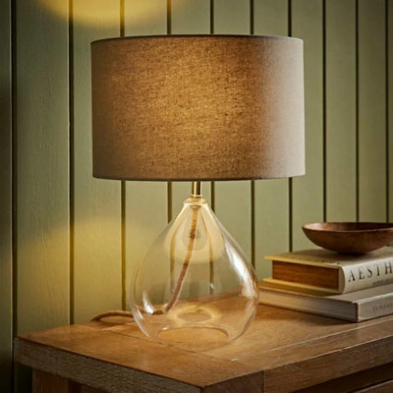 Image of ValueLights ValueLights Eloise Natural Linen Drum Shade Clear Glass Teardrop Table Lamp Natural One Size Unisex 5016529271499