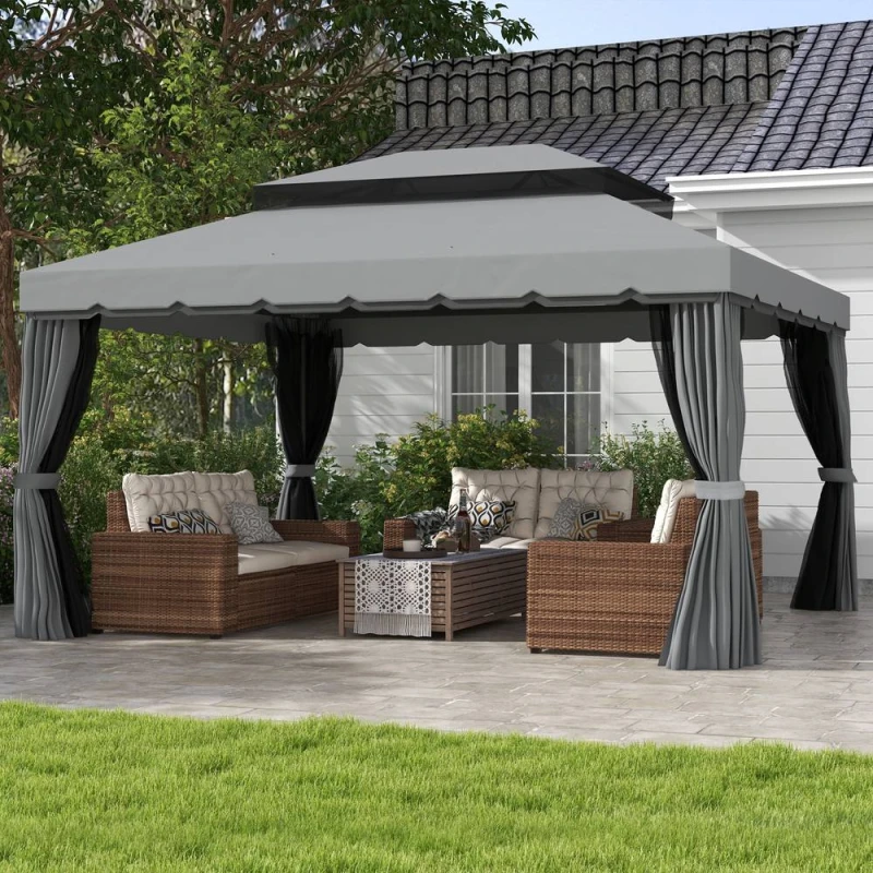 Image of OUTSUNNY 3x4m 2-Tier Gazebo Aluminium Garden Marquee Party Tent in Light Grey Light Grey Unisex