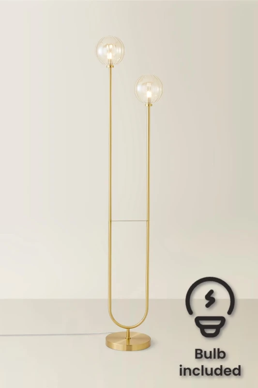 Image of ValueLights Chessy Asymmetric Ribbed Glass Gold Dual 2 Way Stem Floor Lamp with LED Bulbs Gold