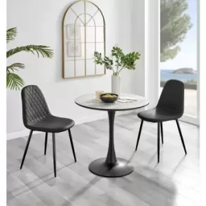 Image of Furniturebox UK - Furniturebox Elina White Marble Effect Modern 80cm Round Dining Table & 2 Black Corona Faux Leather Dining Chairs with Black Legs