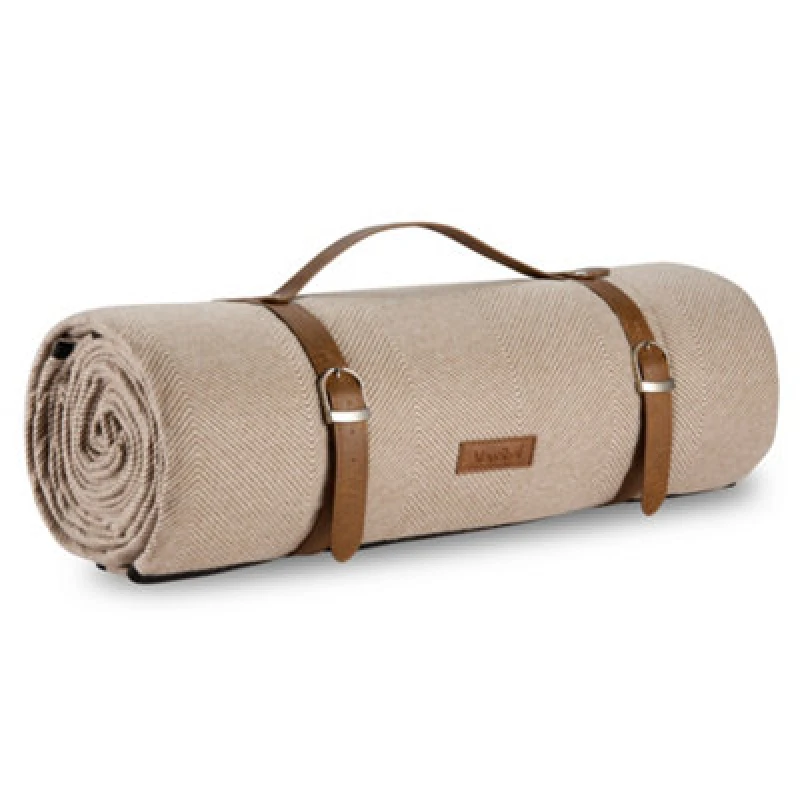 Image of Vonshef Picnic Blanket, Beige Herringbone Weatherproof Picnic Rug, W/faux Leather Carry Handle, Blanket & Travel Mat, 200 X 220Cm