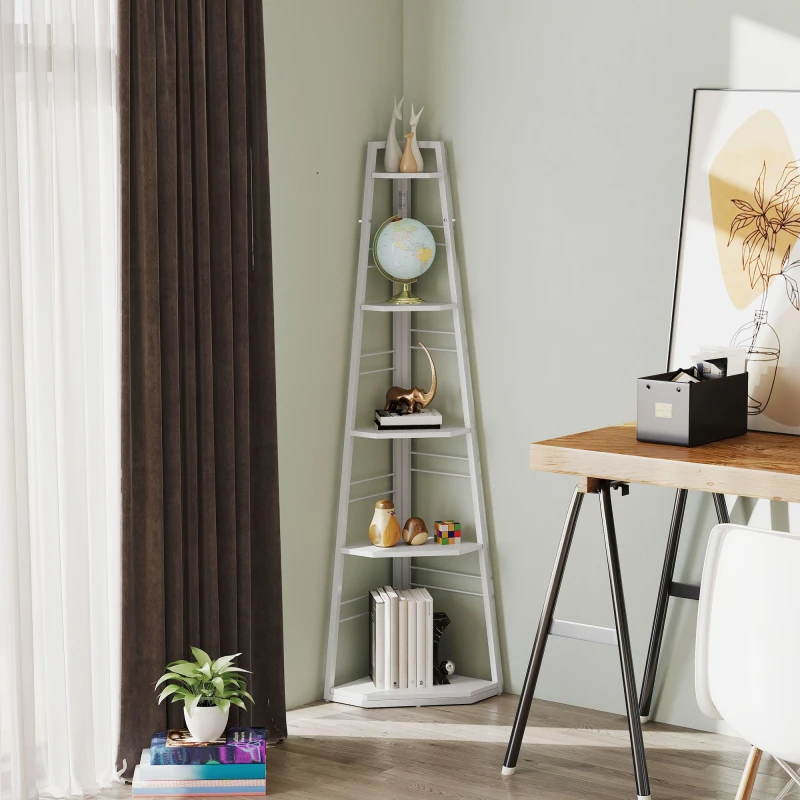 Image of HOMCOM HOMCOM 5-Tier Corner Shelf, Storage Unit with Foldable Steel Frame in White White One Size Unisex 5063603649880