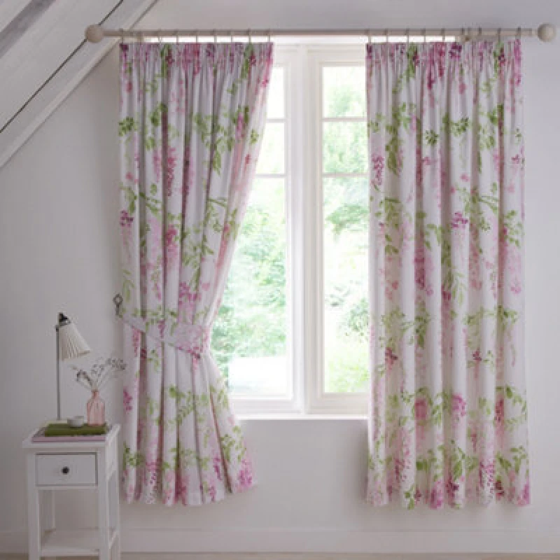 Image of Dreams & Drapes 'Wisteria' Pair of Pencil Pleat Curtains With Tie-Backs Pink