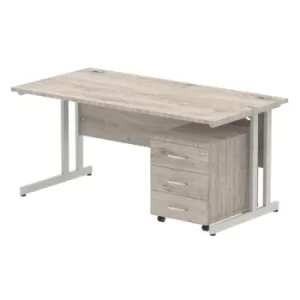 Image of Impulse 1600 Straight Cantilever Silver Workstation With Three Drawer Mobile Pedestal Bundle Grey Oak