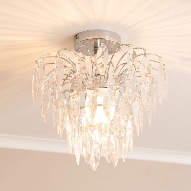 Image of ValueLights Emma Acrylic Waterfall Jewel Droplet Pendant Ceiling Light and LED Bulb Silver