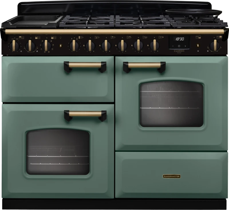 Image of Rangemaster Classic Deluxe 110 CLDLO110DFPMGR/AB1 110cm wide Dual Fuel Range Cooker with Gas Hob - Mineral Green / Antique Brass - A Rated