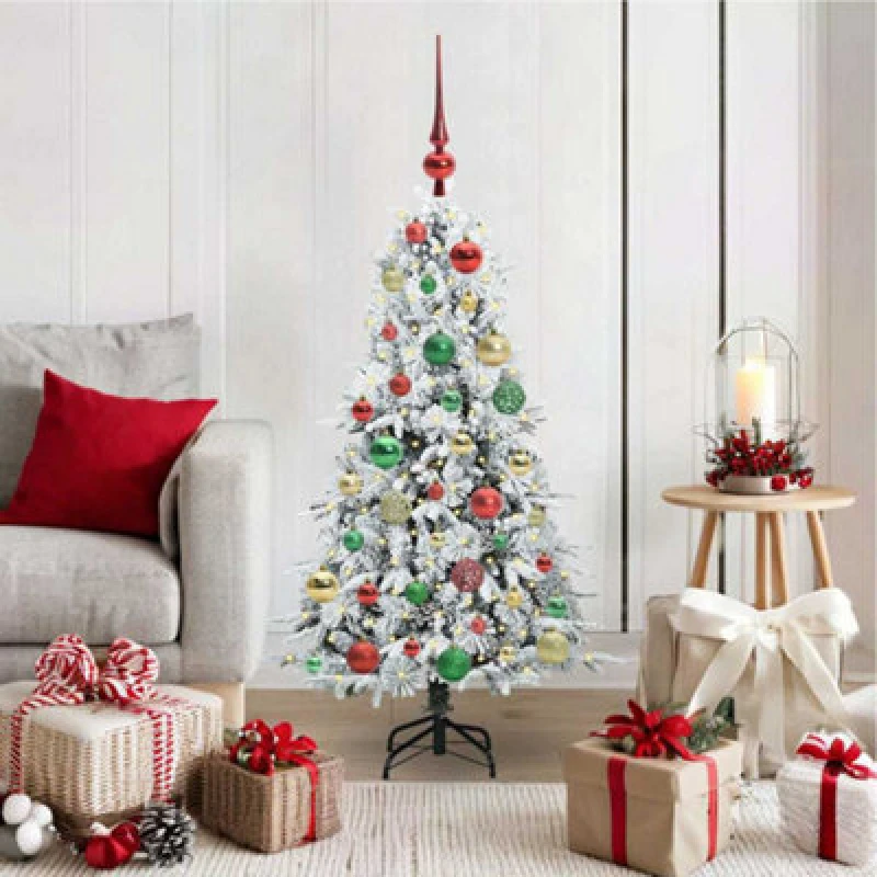 Image of vidaXL Artificial Hinged Christmas Tree with Multicolour Balls Snow Flocked Green 120cm PE and PVC, Green 3397466