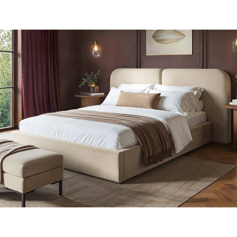 Image of Solace+Co Lena Velvet Ottoman Bed Beige Velvet Size: Double Beige Unisex Double