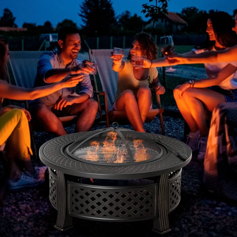 Image of OUTSUNNY Outdoor Fire Pit, Round Firepit with Grill Net, Mesh Lid, Bronze Tone Bronze Unisex