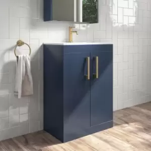 Image of 600mm Blue Freestanding Vanity Unit with Basin and Brushed Brass Handle - Ashford