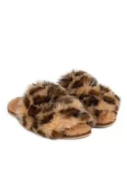 Image of TOTES Ladies Faux Fur Animal Double Strap Slider Slipper - Leopard Print, Brown, Size 5-6, Women