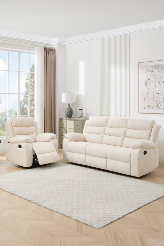 Image of More4Homes Boston Manual Recliner Fabric 1+3 Seater Sofa Set in Beige Beige Unisex