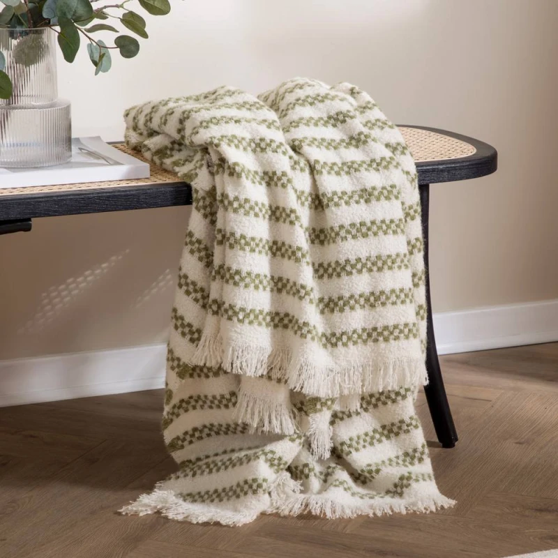 Image of HOEM Clyne Striped Tasselled Throw in Olive Size: 130cm x 180cm Olive Unisex 130cm x 180 cm