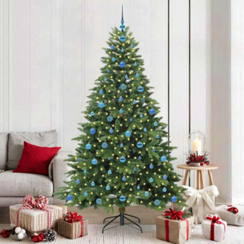 Image of vidaXL Artificial Christmas Tree with 300 LEDs and Blue Balls Green 210cm PE and PVC, Green 3397569