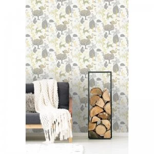 Image of Fresco Forest Critters Yellow and Grey Forest Wallpaper