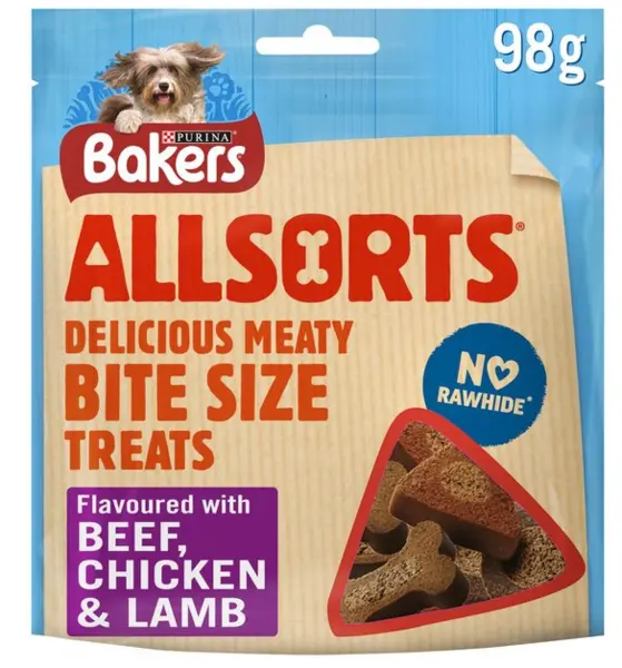 Image of Purina Bakers Allsorts Chicken Beef and Lamb Dog Treats 98g