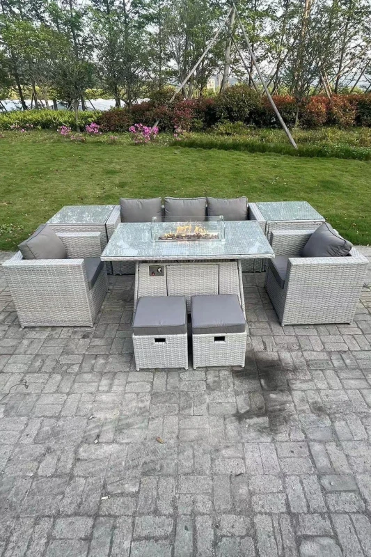 Image of Fimous Rattan Garden Furniture Set Gas Fire Pit Lounge Sofa Chair Dining Set With 2 Side Table Light Grey