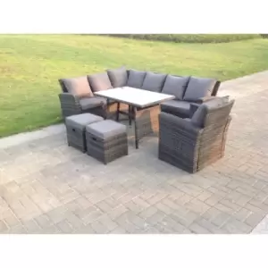 Image of Fimous 7 Seater Outdoor Dark Mixed Grey Rattan Lounge Complete Sofa Set with Rectangular Table and 2 Stools