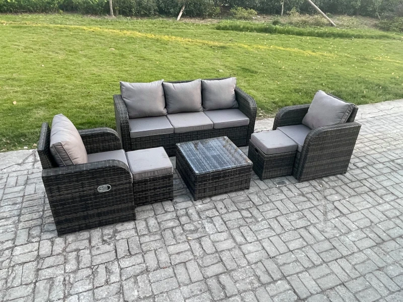 Image of Fimous Garden Furniture Sets Wicker Rattan Furniture Patio Sofa Sets with Reclining Chair 3 Seater Sofa 2 Small Footstools Dark Grey