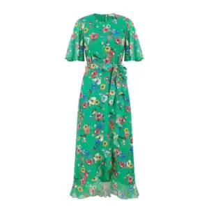 Image of Yumi Green Floral Bird Print Midi Frill Dress - Green