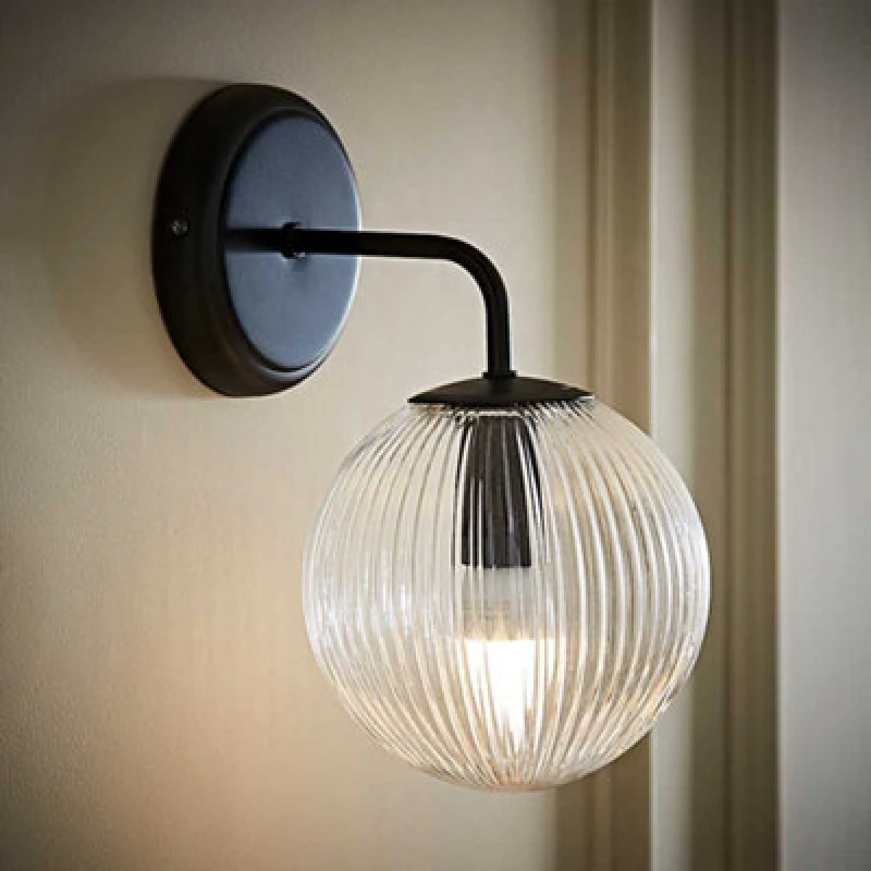 Image of ValueLights ValueLights Kempton Ribbed Glass Globe Shade Single Arm Wall Light in Black One Size Unisex 5016529274735