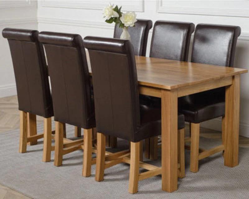 Image of Thats Furniture Oslo 180 x 90cm Large Oak Dining Table & 6 Washington Leather Chairs in Brown Brown Unisex 180 x 90 cm