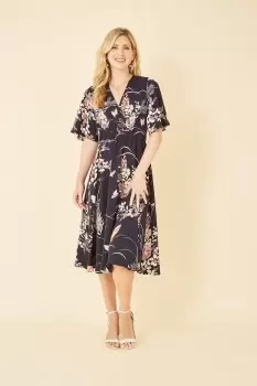 Image of Navy Butterfly Print Kimono Sleeve Midi Dress