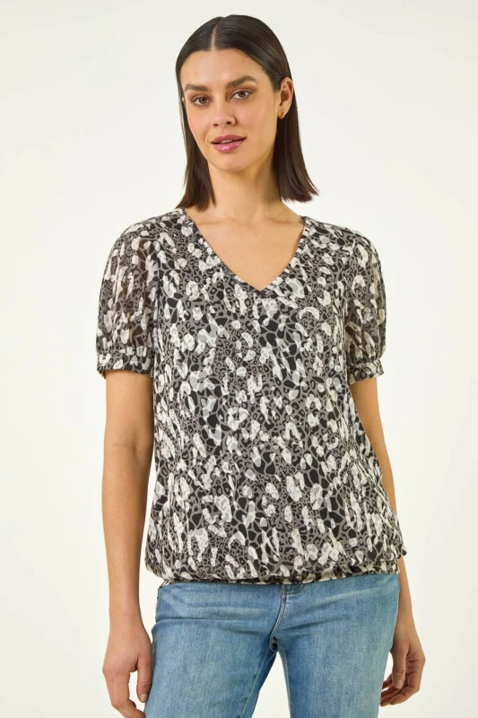 Image of Roman Womens Animal Print Burnout Top in Black Size: 18 Black Female 18