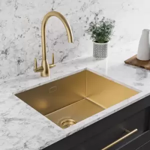 Image of Single Bowl Brushed Brass Undermount Stainless Steel Kitchen Sink - Enza Tamara