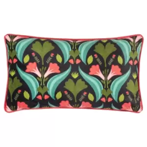 Image of Floral Folk Illustrated Cushion Black / 30 x 50cm / Polyester Filled