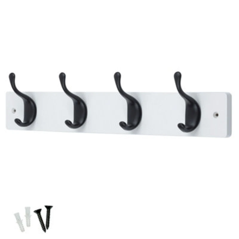 Image of Keypak 4 Matte Black Coat Hooks On White Wooden Board - 46Cm Modern Wall Mounted Coat Rack Clothes Hanger