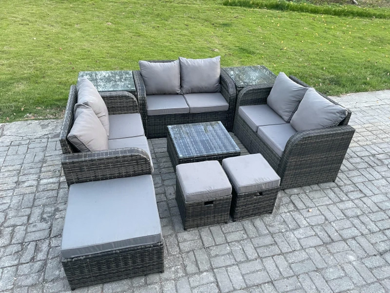 Image of Fimous 9 Seater Outdoor Garden Furniture Sets Wicker Rattan Furniture Sofa Sets with Square Coffee Table Love seat Sofa 3 Footstools 2 Side Tables Dar
