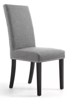 Image of Set Of 2 Steel Grey Studded Linen Dining Chairs With Black Wooden Legs