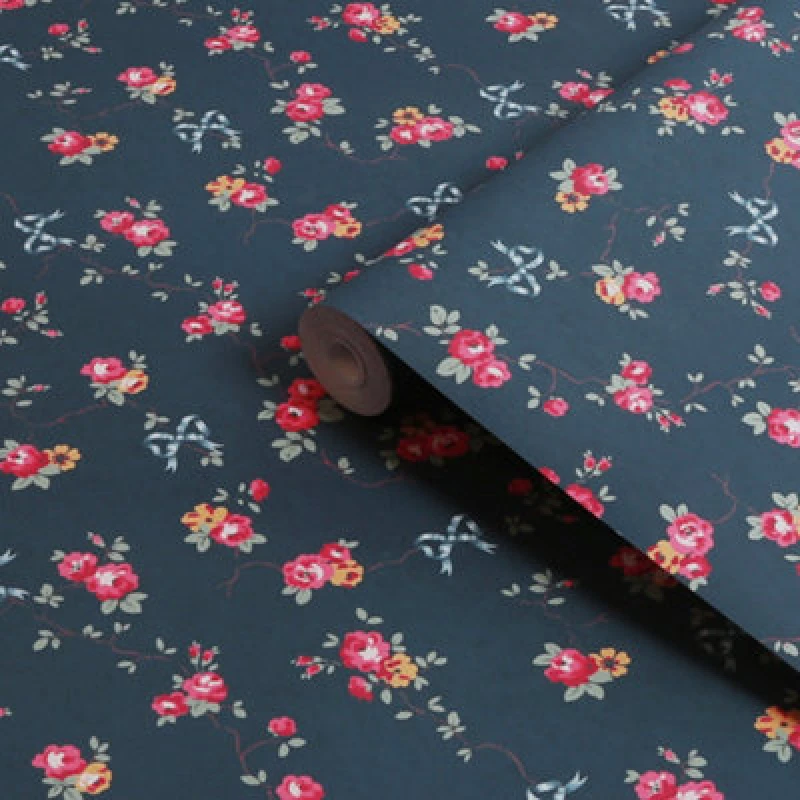 Image of Cath Kidston Rose & Bows Navy Floral Wallpaper Wallpaper One Size Blue 71746118000