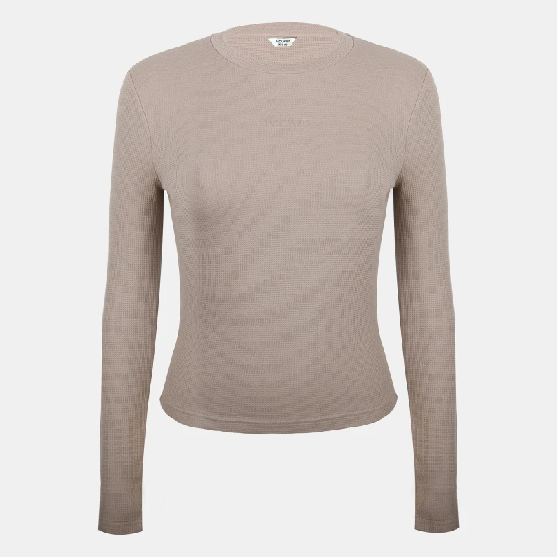 Image of Jack Wills Womens Waffle LSBaby Cotton Crew Neck Slim Fit Long Sleeve T-Shirt Taupe female 6 (2XS)